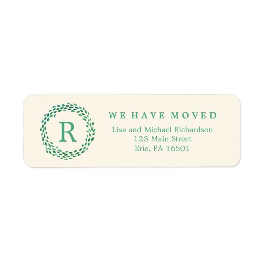 New Address Monogram and Green Watercolor Wreath Return Address Label