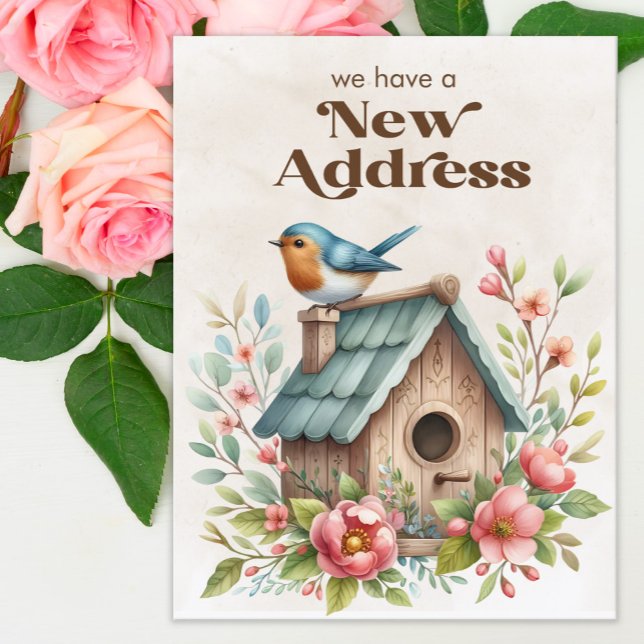 New Address Moving Announcement Birdhouse Flowers (Pink flowers and birdhouse change of address postcard)