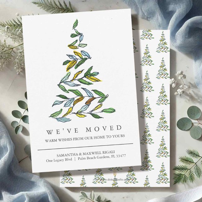 New Address Moving Announcement Christmas Cards (Christmas moving announcement cards watercolor and ink modern design.)