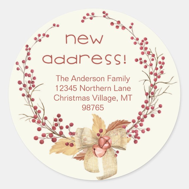 New Address Natural Berry Wreath Classic Round Sticker (Front)