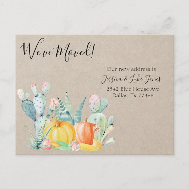 New Address Notice Moving Autumn Cactus Pumpkin Announcement Postcard (Front)