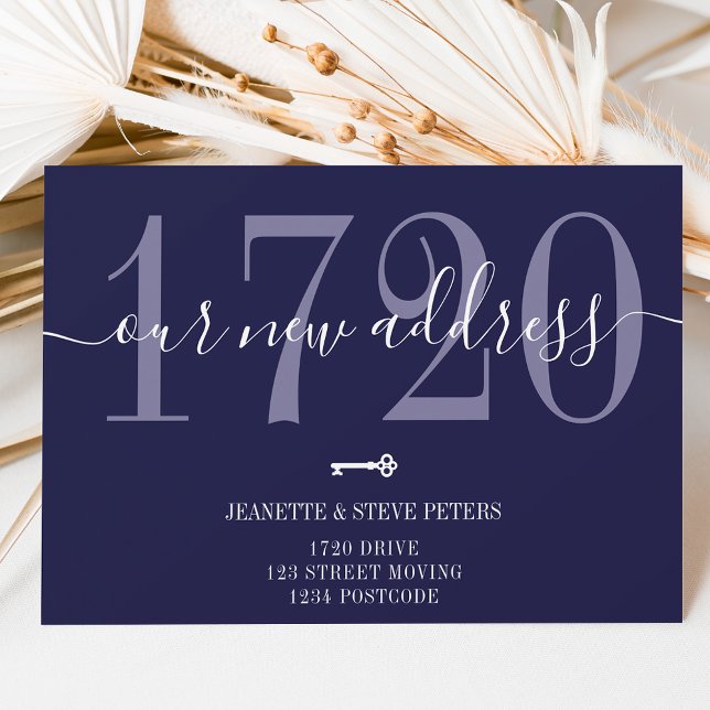 New Address number navy blue chic script moving Announcement (Creator Uploaded)