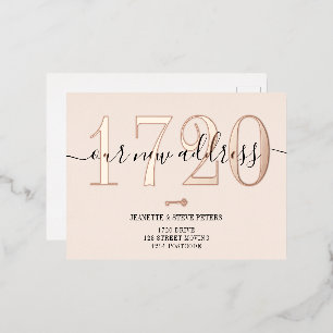 New Address number rose gold blush script moving Foil Invitation Postcard