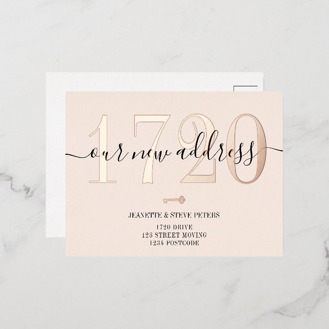 New Address number rose gold blush script moving Foil Invitation Postcard (Front/Back)