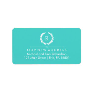 New Address on Turquoise and White Monogram Wreath Label