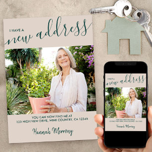New Address Photo and Elegant Script Beige Moving Announcement