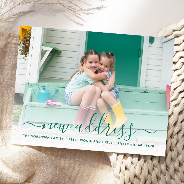 New Address Photo Teal Script Postcard (Creator Uploaded)
