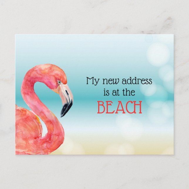 New Address Pink Flamingo on Bokeh Beach Moving Announcement Postcard (Front)