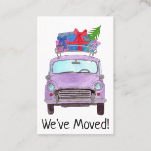 New Address Purple Car with Christmas Gifts Business Card
