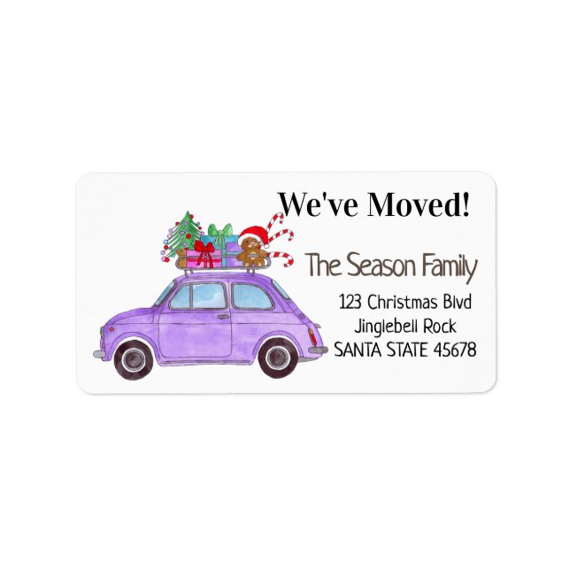 New Address Purple Car with Christmas Gifts Label (Front)