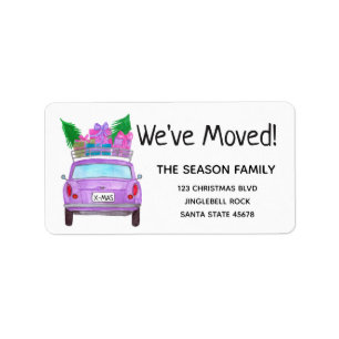 New Address Purple Car with Christmas Gifts Label