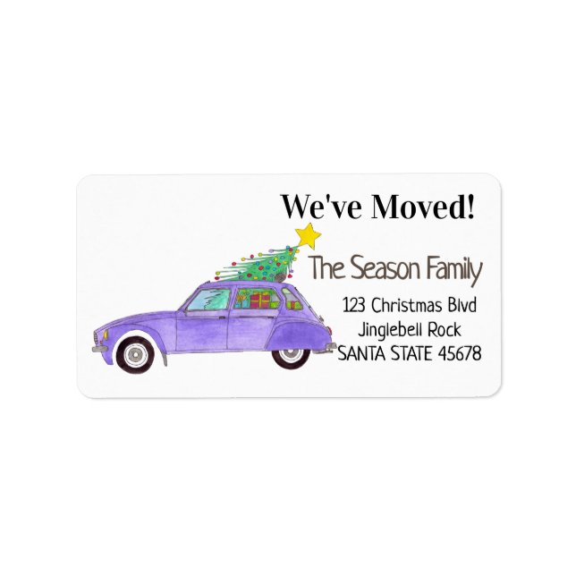 New Address Purple Car with Christmas Gifts Label (Front)