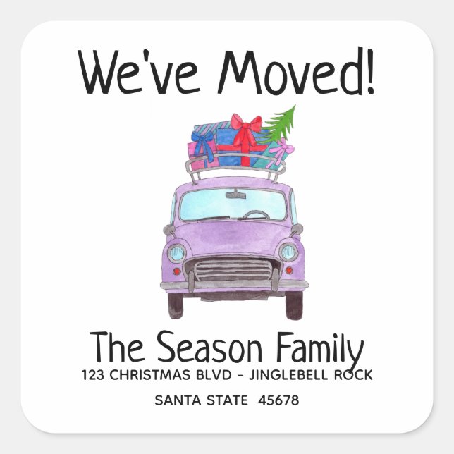 New Address Purple Car with Christmas Gifts Square Sticker (Front)