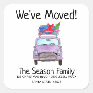 New Address Purple Car with Christmas Gifts Square Sticker