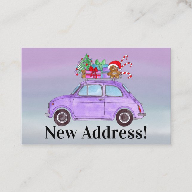 New Address Purple Fiat 500 with Christmas Gifts Business Card (Front)