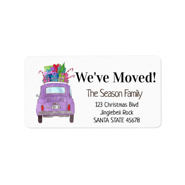 New Address Purple Retro Fiat 500 Christmas Gifts Label (Front)