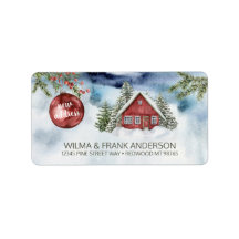 New Address Red Cabin in Snow with Evergreens Labe