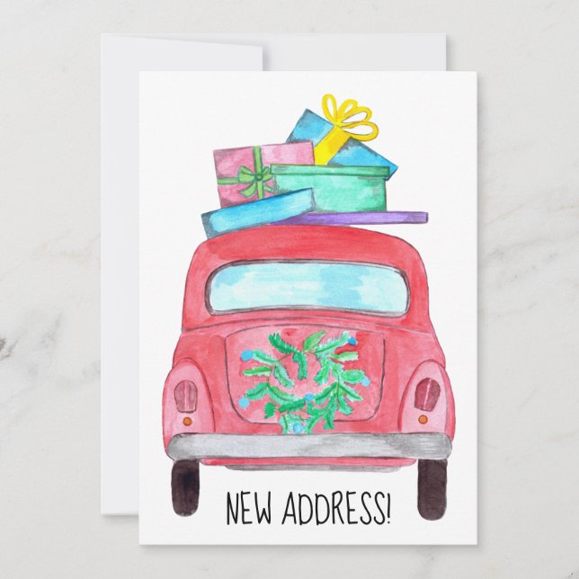New Address Red Car Christmas Gifts Watercolor Invitation (Front)