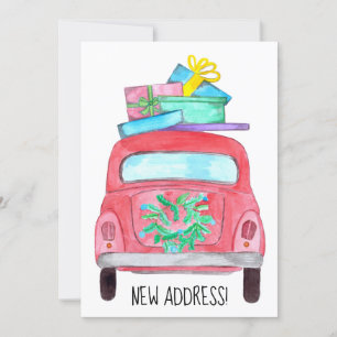 New Address Red Car Christmas Gifts Watercolor Invitation