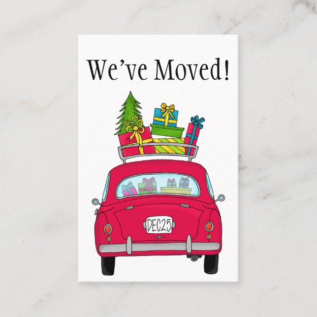 New Address Red Car with Christmas Gifts Business Card (Front)