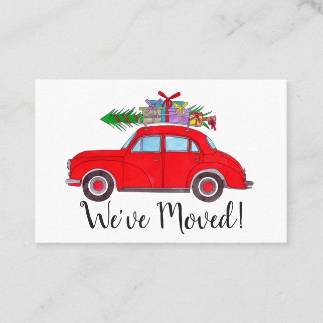 New Address Red  car with Christmas gifts Business Card (Front)