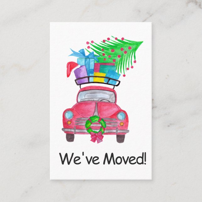 New Address Red Car with Christmas Gifts Business Card (Front)