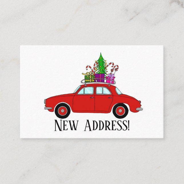 New Address Red  car with Christmas gifts Business Card (Front)
