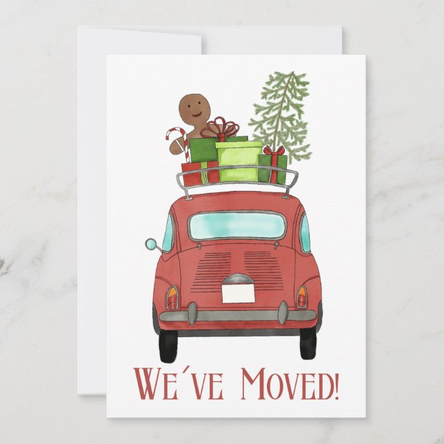 New Address Red car with Christmas gifts Invitation (Front)