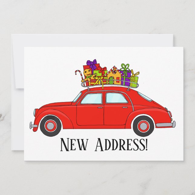 New Address Red Car with Christmas Gifts Invitation (Front)