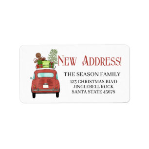 New Address Red car with Christmas gifts Label