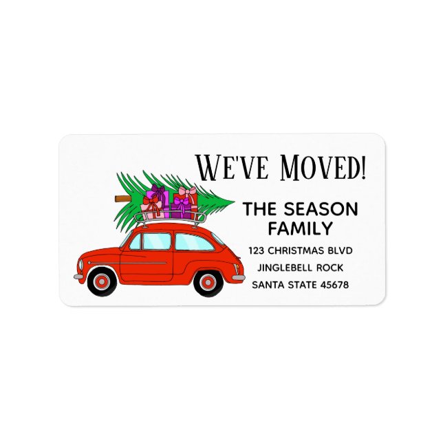 New Address Red Car with Christmas Gifts Label (Front)