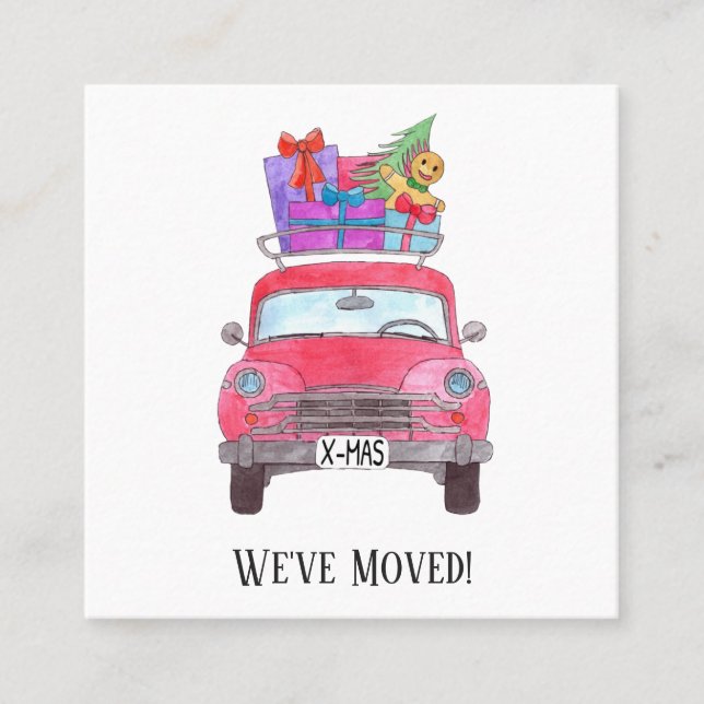 New Address Red Car with Christmas Gifts Square Business Card (Front)