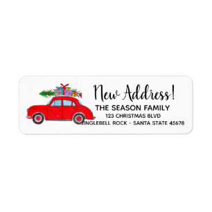 New Address Red Car with Christmas tree Label