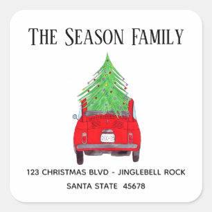 New Address Red Car with Christmas Tree Square Sticker