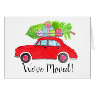 New Address Red Car with Christmas tree Watercolor