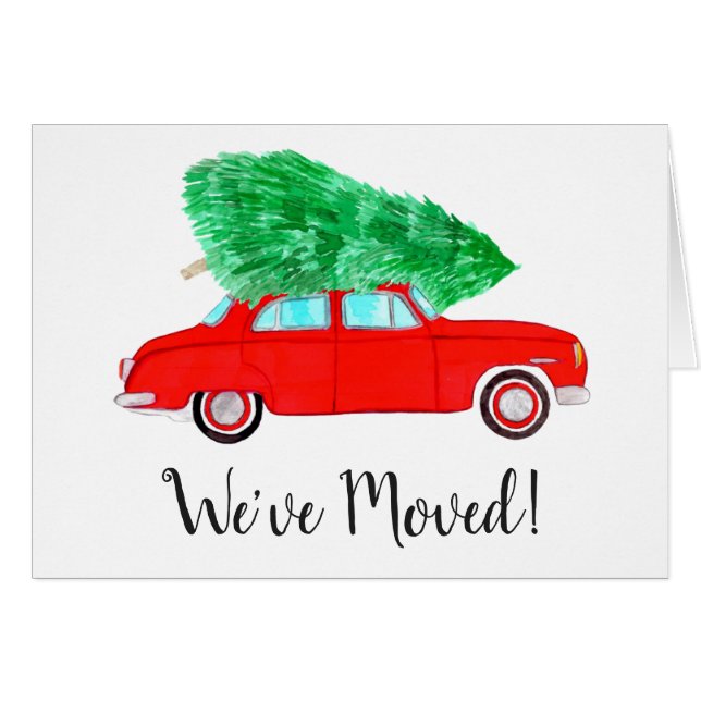 New Address Red Car with Christmas tree Watercolor (Front Horizontal)