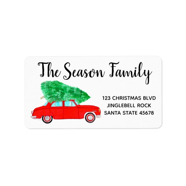 New Address Red Car with Christmas tree Watercolor Label (Front)
