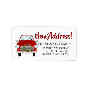 New Address Red car with Christmas wreath Label