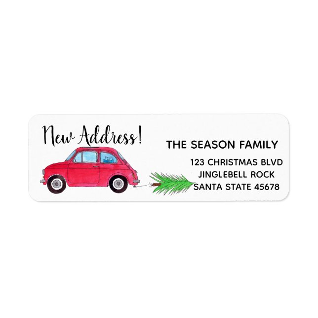 New Address Red Fiat 500 Christmas tree Label (Front)