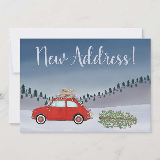 New Address Red Fiat 500 with Christmas tree Invitation (Front)