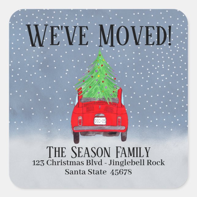 New Address Red Fiat 500 with Christmas Tree Square Sticker (Front)