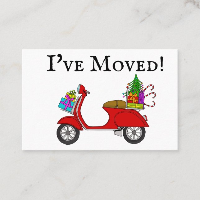 New Address Red retro scooter with Christmas gifts Business Card (Front)