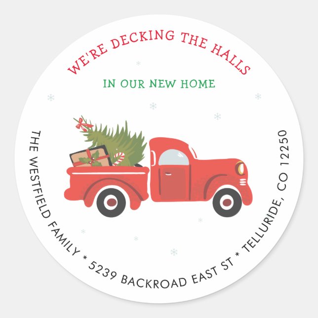 New Address Red Truck Christmas Moving Announcemen Classic Round Sticker (Front)
