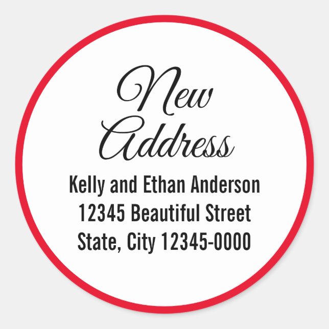 New Address Red White Black Moving Announcement Classic Round Sticker (Front)