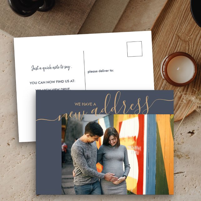 New Address Script Elegant Photo Moving Announcement Postcard (New Address postcard with modern photo and script)