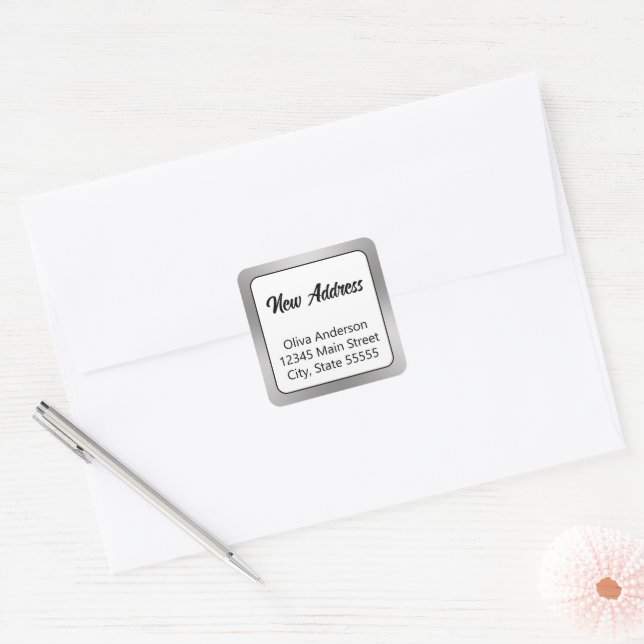 New Address Silver White Black Moving Announcement Square Sticker (Envelope)