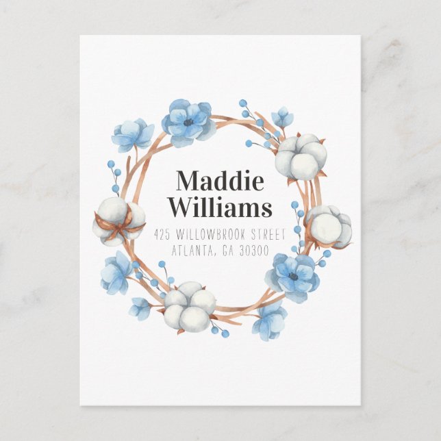 NEW ADDRESS | Watercolor Cotton Wreath Postcard (Front)