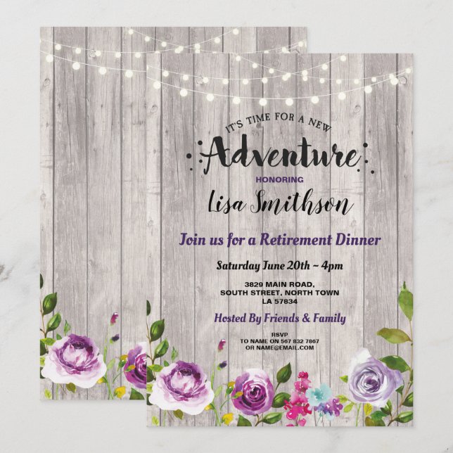 New Adventure Floral Wood Purple Retirement Party Invitation (Front/Back)