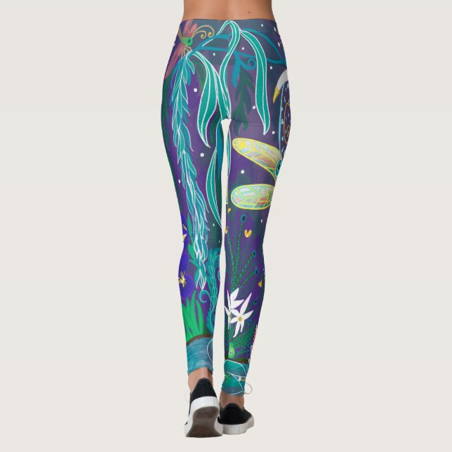 New Age Dragonfly Evil Eye Pond Lotus Willow Tree  Leggings (Back)