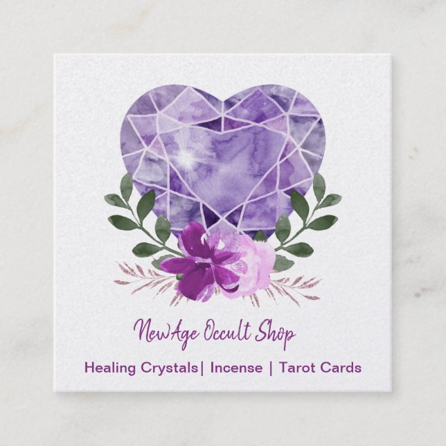 New Age Occult Shop Amethyst Heart Floral Square Business Card (Front)